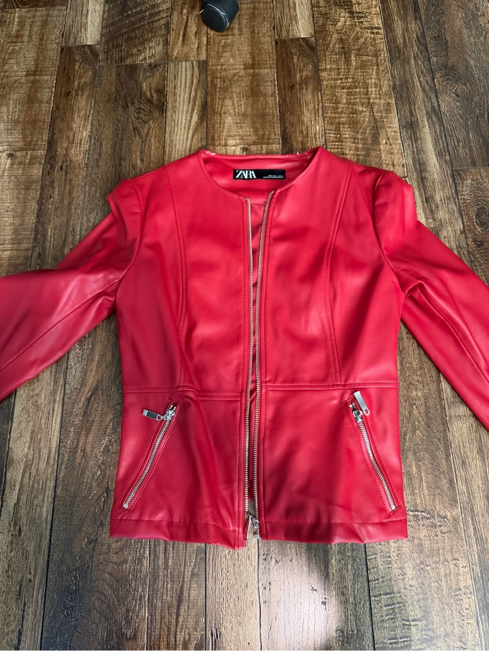 Zara Red Faux Leather Collarless Zip Jacket